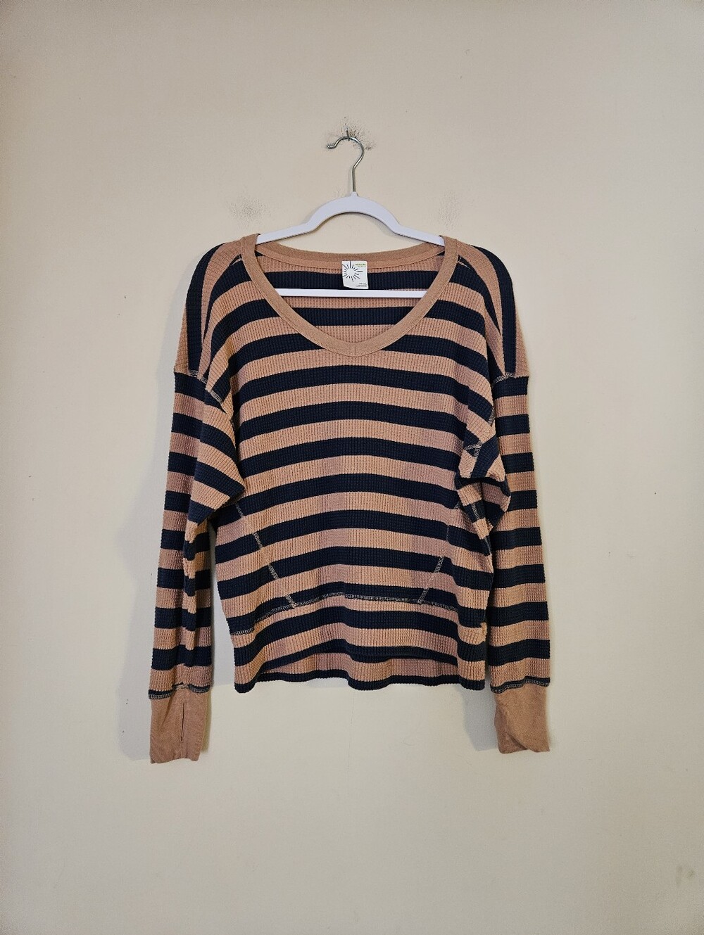 Offline By Aerie Women's Striped  Pullover Top- Tan & Navy Blue